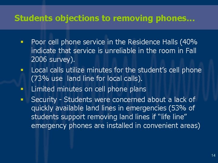 Students objections to removing phones… § § Poor cell phone service in the Residence