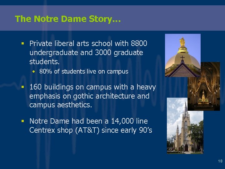 The Notre Dame Story… § Private liberal arts school with 8800 undergraduate and 3000