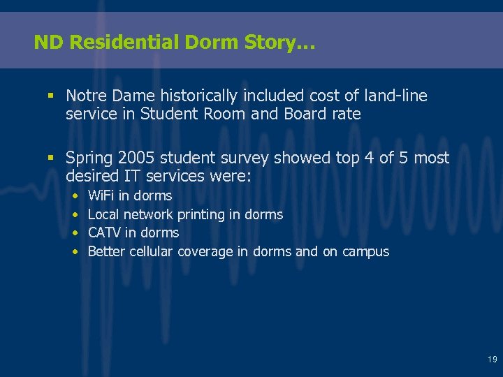 ND Residential Dorm Story… § Notre Dame historically included cost of land-line service in