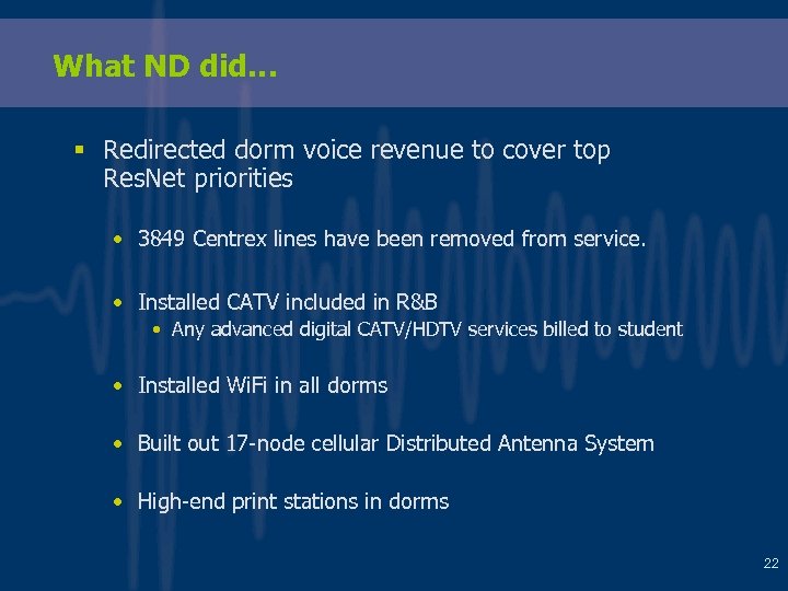 What ND did… § Redirected dorm voice revenue to cover top Res. Net priorities