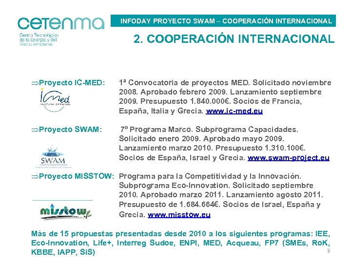 INFODAY PROYECTO SWAM – COOPERACIÓN INTERNACIONAL 2. COOPERACIÓN INTERNACIONAL ÞProyecto IC-MED: 1ª Convocatoria de