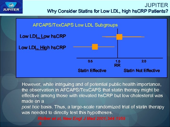 JUPITER Why Consider Statins for Low LDL, high hs. CRP Patients? AFCAPS/Tex. CAPS Low