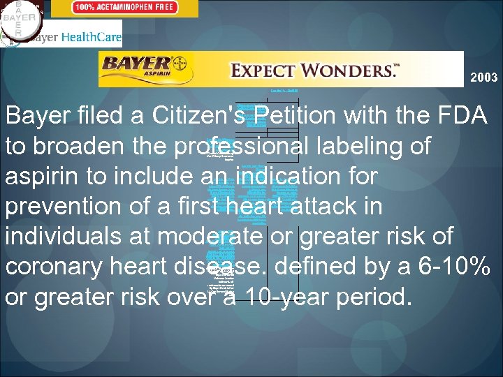 2003 Contact Us Sitemap Bayer filed a Citizen's Petition with the FDA to broaden