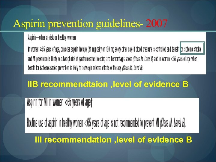 Aspirin prevention guidelines- 2007 IIB recommendtaion , level of evidence B III recommendation ,