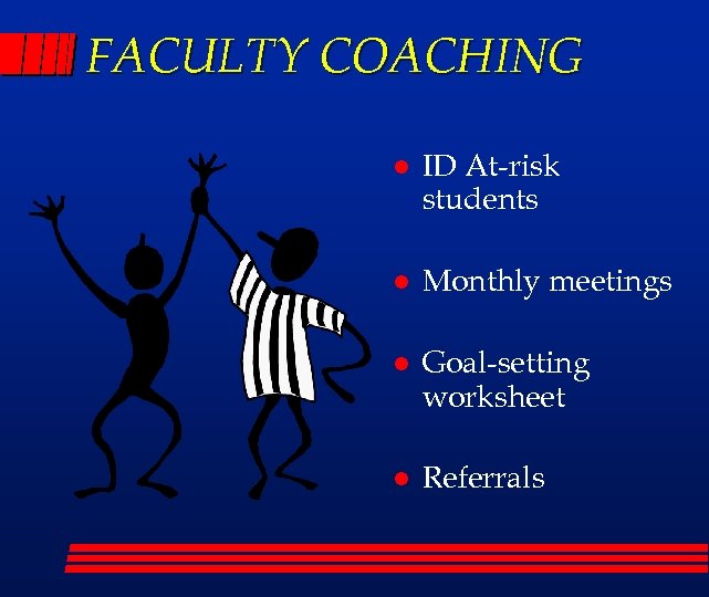 FACULTY COACHING l ID At-risk students l Monthly meetings l Goal-setting worksheet l Referrals