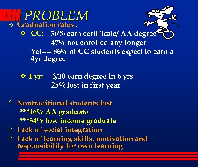 PROBLEM v Graduation rates : v CC: 36% earn certificate/ AA degree 47% not