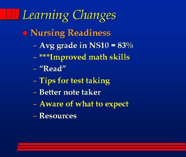 Learning Changes l Nursing Readiness – Avg grade in NS 10 = 83% –