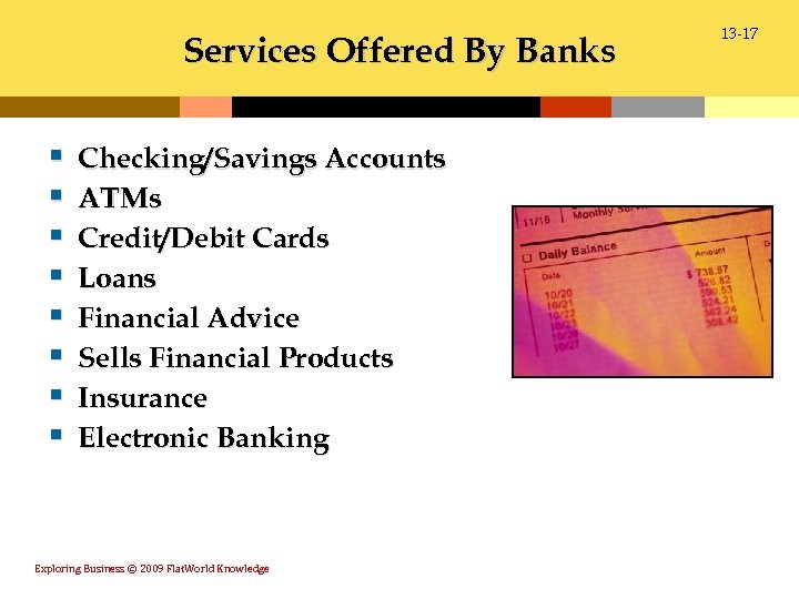 Services Offered By Banks § § § § Checking/Savings Accounts ATMs Credit/Debit Cards Loans