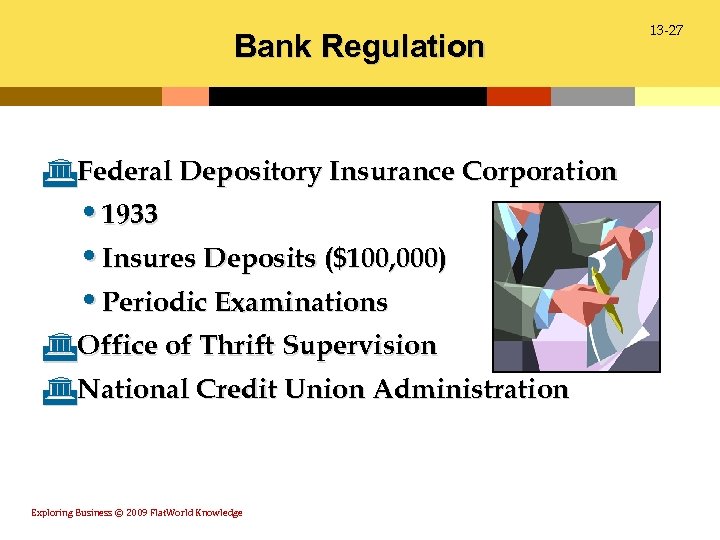 Bank Regulation GFederal Depository Insurance Corporation • 1933 • Insures Deposits ($100, 000) •
