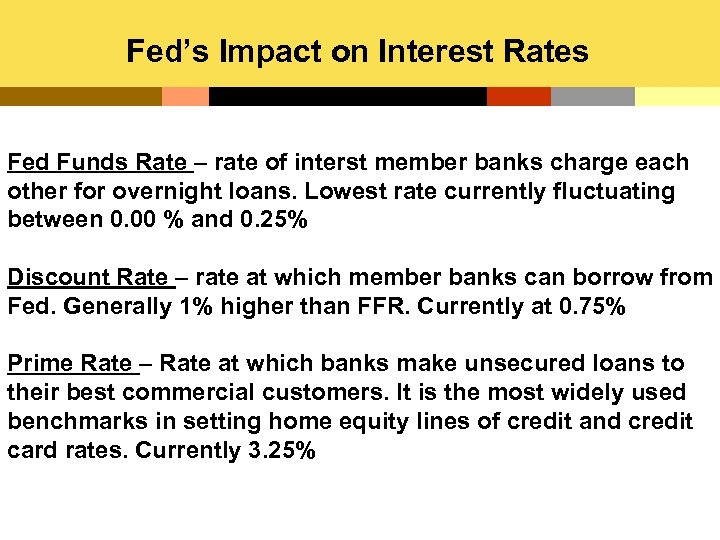 Fed’s Impact on Interest Rates Fed Funds Rate – rate of interst member banks