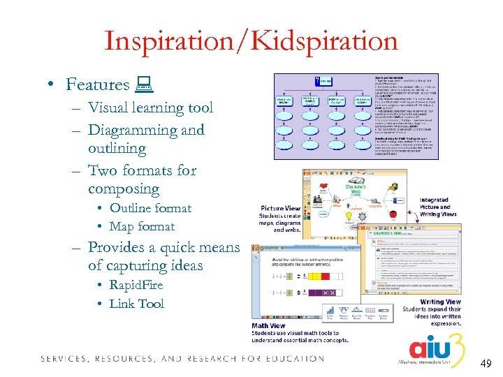 Inspiration/Kidspiration • Features – Visual learning tool – Diagramming and outlining – Two formats