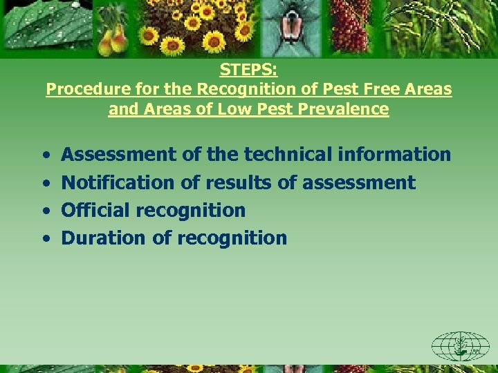 STEPS: Procedure for the Recognition of Pest Free Areas and Areas of Low Pest