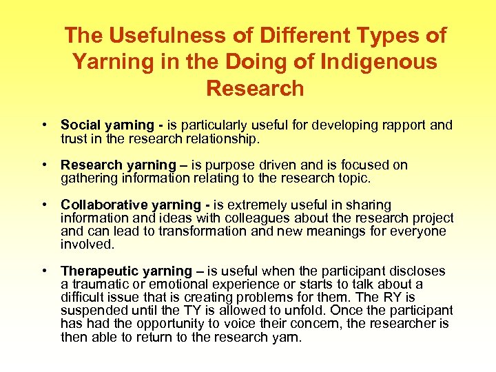 The Usefulness of Different Types of Yarning in the Doing of Indigenous Research •