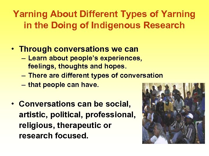 Yarning About Different Types of Yarning in the Doing of Indigenous Research • Through