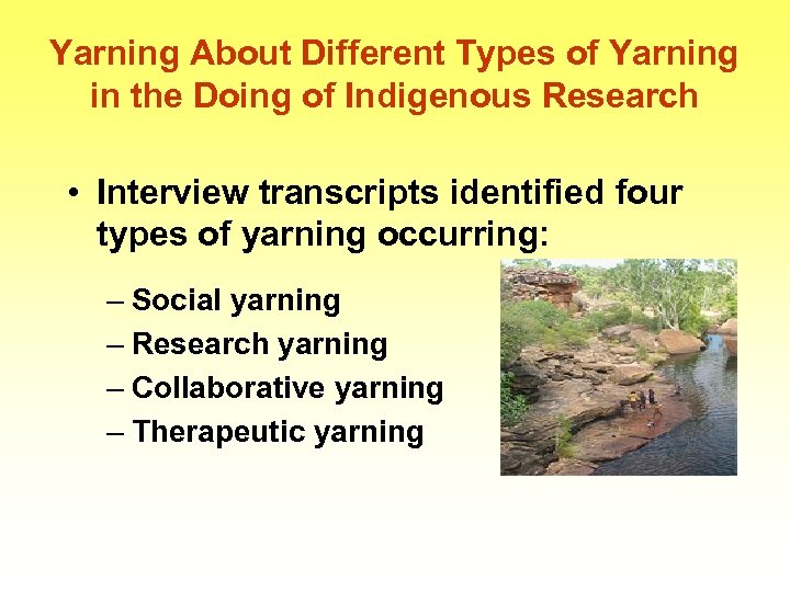 Yarning About Different Types of Yarning in the Doing of Indigenous Research • Interview