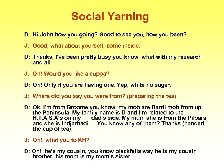 Social Yarning D: Hi John how you going? Good to see you, how you