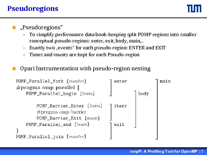 Pseudoregions n „Pseudoregions“ – To simplify performance data book-keeping split POMP regions into smaller