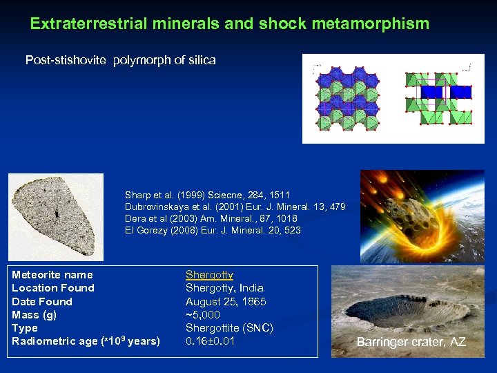 Extraterrestrial minerals and shock metamorphism Post-stishovite polymorph of silica Sharp et al. (1999) Sciecne,