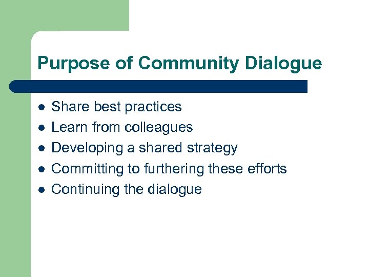 Purpose of Community Dialogue l l l Share best practices Learn from colleagues Developing