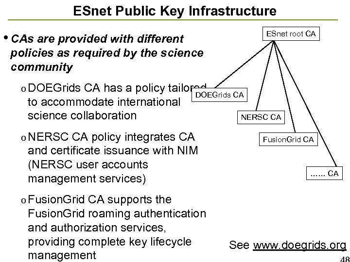 ESnet Public Key Infrastructure • CAs are provided with different ESnet root CA policies