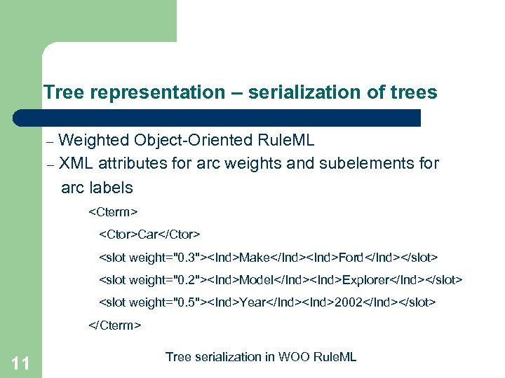 Tree representation – serialization of trees Weighted Object-Oriented Rule. ML – XML attributes for