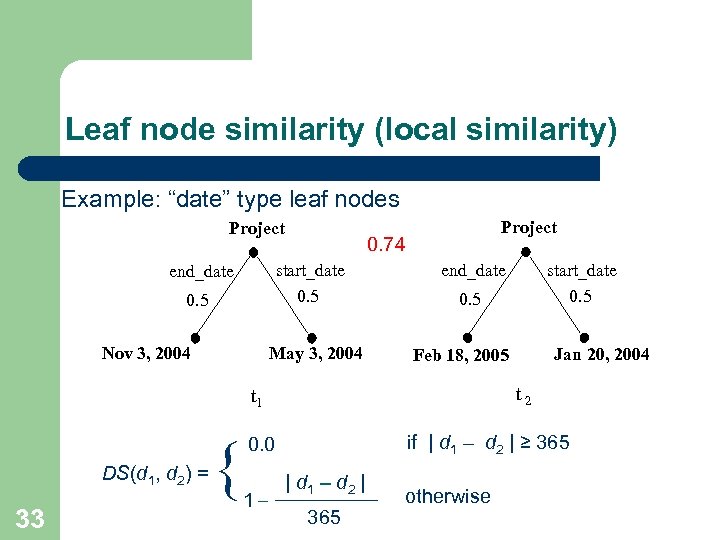 Leaf node similarity (local similarity) Example: “date” type leaf nodes Project 0. 74 start_date