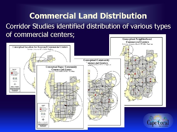 Commercial Land Distribution Corridor Studies identified distribution of various types of commercial centers; 