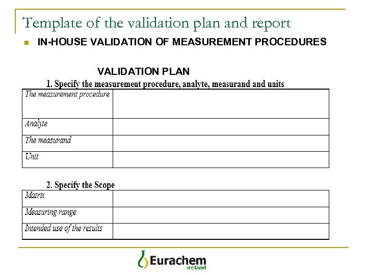 Template of the validation plan and report n IN-HOUSE VALIDATION OF MEASUREMENT PROCEDURES VALIDATION