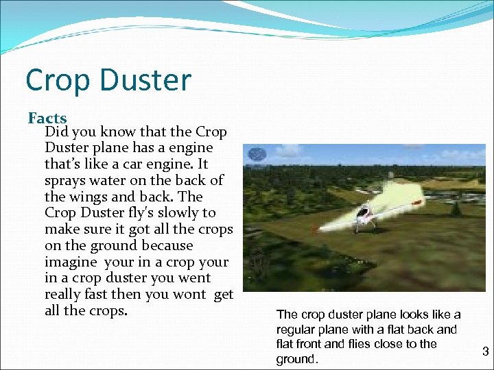 Crop Duster Facts Did you know that the Crop Duster plane has a engine