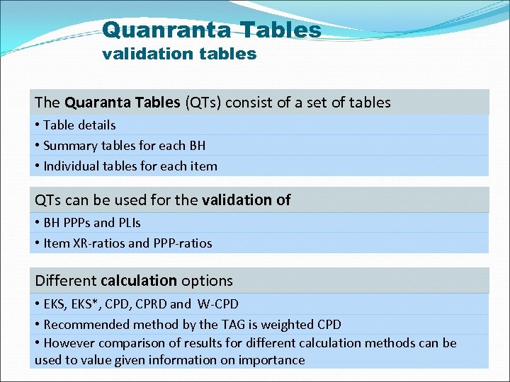 Quanranta Tables validation tables The Quaranta Tables (QTs) consist of a set of tables