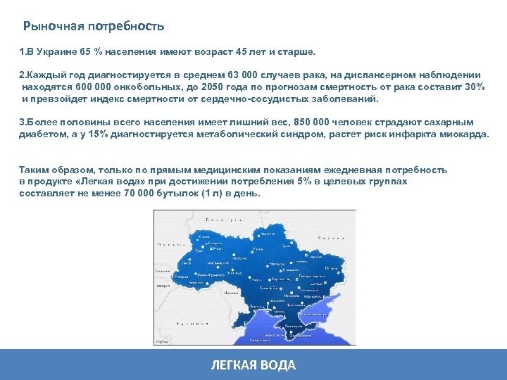 Рыночная потребность 1. В Украине 65 % населения имеют возраст 45 лет и старше.