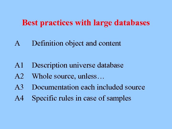 Best practices with large databases A Definition object and content A 1 A 2
