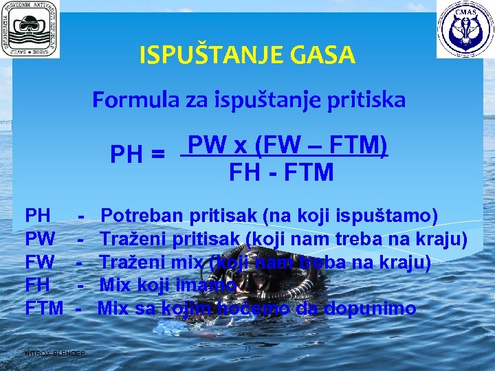 ISPUŠTANJE GASA Formula za ispuštanje pritiska PW x (FW – FTM) PH = FH