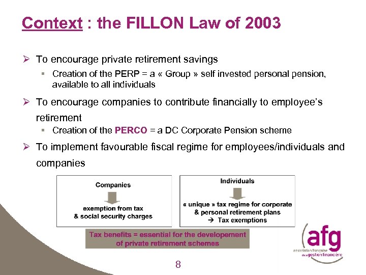 Context : the FILLON Law of 2003 Ø To encourage private retirement savings §