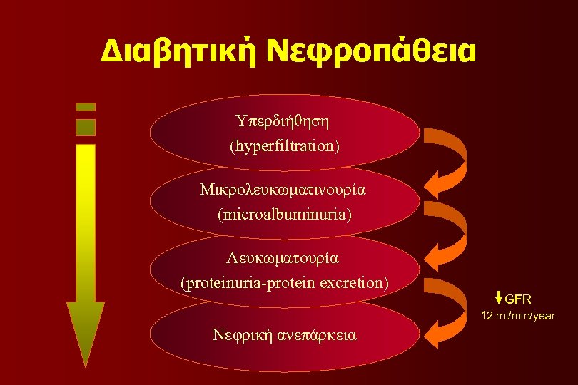 Διαβητική Νεφροπάθεια Υπερδιήθηση (hyperfiltration) Μικρολευκωματινουρία (microalbuminuria) Λευκωματουρία (proteinuria-protein excretion) GFR 12 ml/min/year Νεφρική ανεπάρκεια