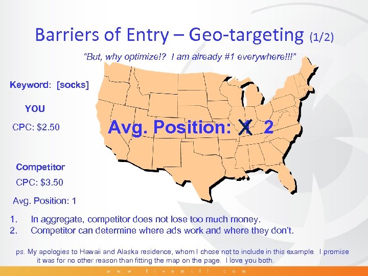 Barriers of Entry – Geo-targeting (1/2) “But, why optimize!? I am already #1 everywhere!!!”