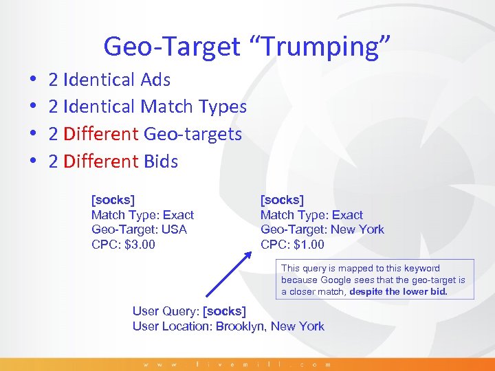 Geo-Target “Trumping” • • 2 Identical Ads 2 Identical Match Types 2 Different Geo-targets