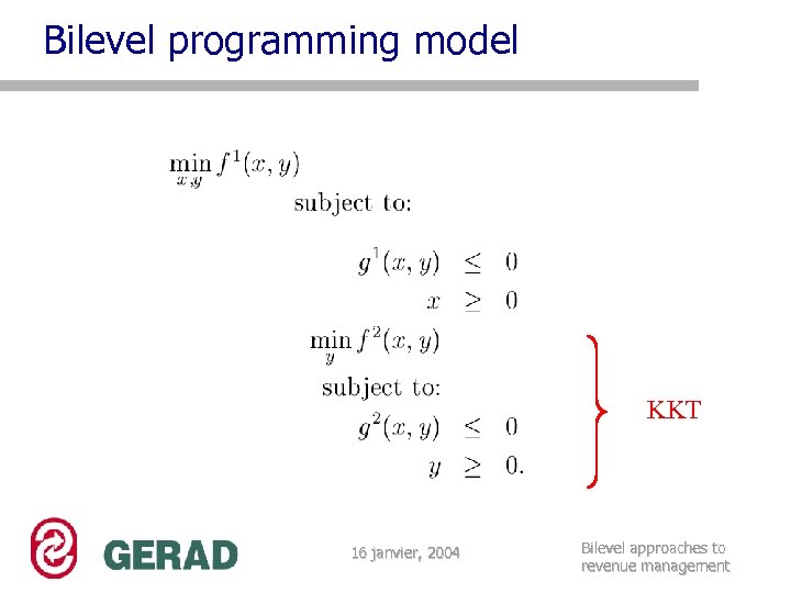 Bilevel programming model KKT 16 janvier, 2004 Bilevel approaches to revenue management 