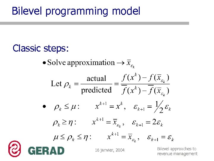 Bilevel programming model Classic steps: 16 janvier, 2004 Bilevel approaches to revenue management 