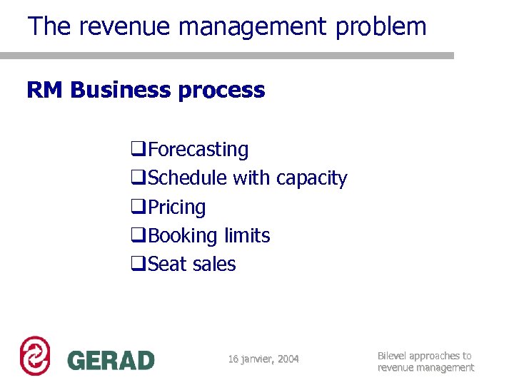 The revenue management problem RM Business process q. Forecasting q. Schedule with capacity q.