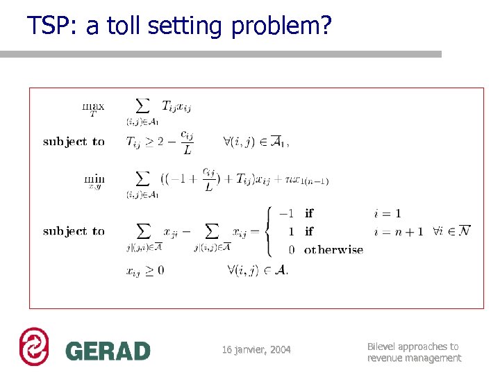 TSP: a toll setting problem? 16 janvier, 2004 Bilevel approaches to revenue management 