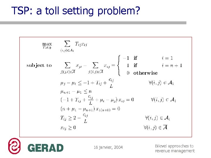 TSP: a toll setting problem? 16 janvier, 2004 Bilevel approaches to revenue management 