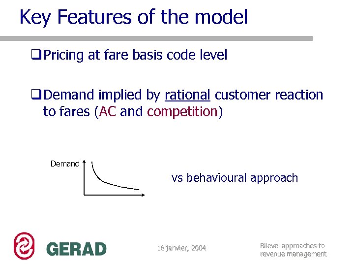 Key Features of the model q Pricing at fare basis code level q Demand