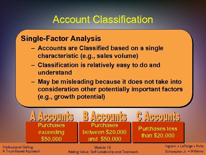 Account Classification Single-Factor Analysis – Accounts are Classified based on a single characteristic (e.