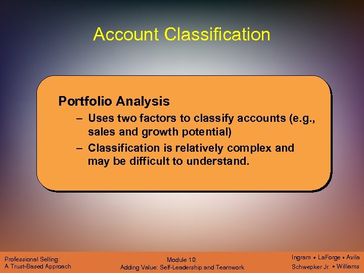 Account Classification Portfolio Analysis – Uses two factors to classify accounts (e. g. ,