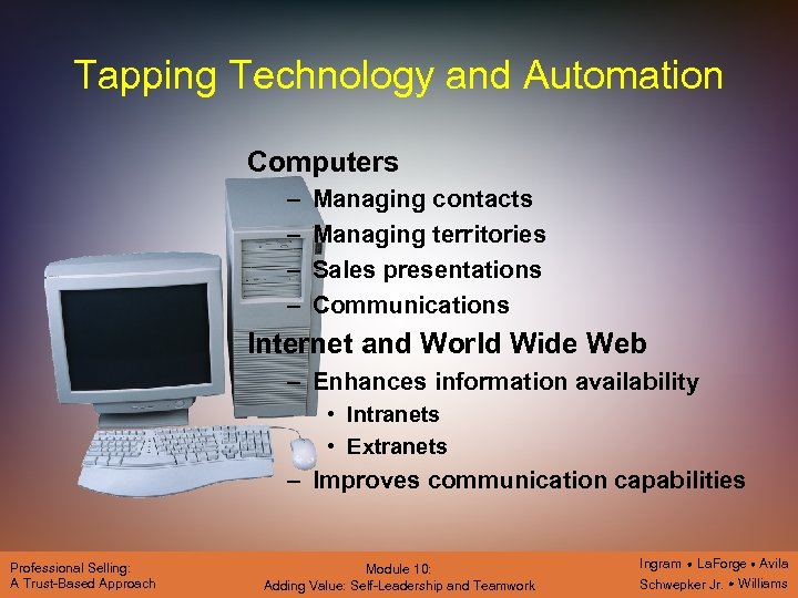 Tapping Technology and Automation Computers – – Managing contacts Managing territories Sales presentations Communications