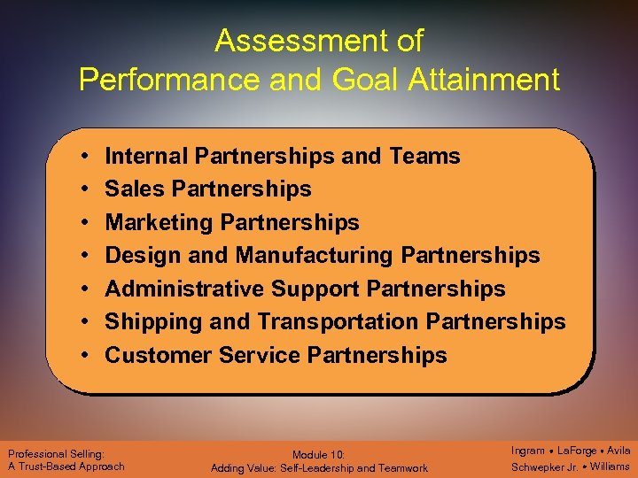 Assessment of Performance and Goal Attainment • • Internal Partnerships and Teams Sales Partnerships