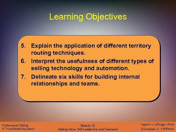 Learning Objectives 5. Explain the application of different territory routing techniques. 6. Interpret the