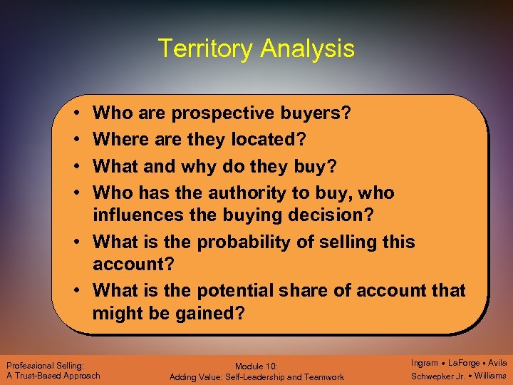 Territory Analysis • • Who are prospective buyers? Where are they located? What and