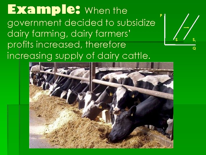 Example: When the government decided to subsidize dairy farming, dairy farmers’ profits increased, therefore